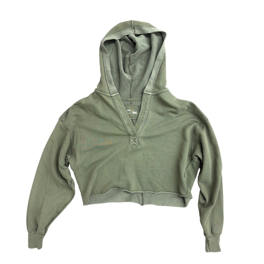 Aerie Olive Green Cropped Hoodie Split V-Neck Raw Hem Sweatshirt Small